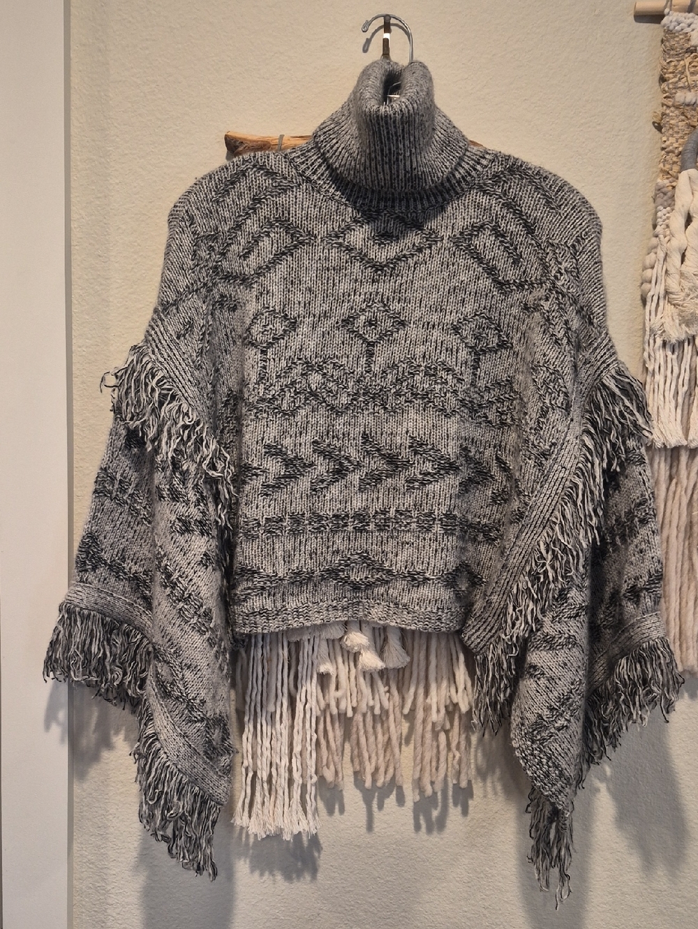 Lucky Brand Gray Wool & Cashmere Turtleneck Bohemian Poncho Sweater, Small